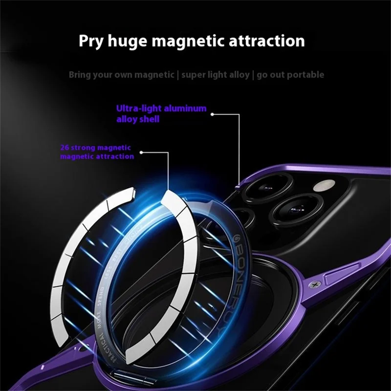 For iPhone 14 Pro Bumper Phone Case Rotary Ring Kickstand Aluminium Alloy S-Shape Magnetic Cover - Grey