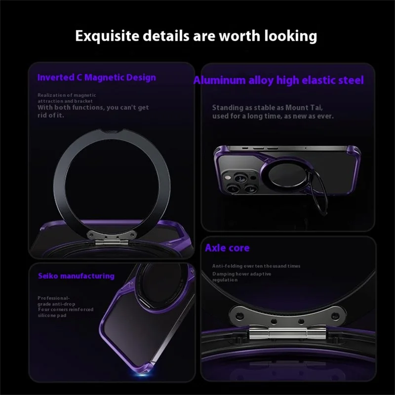 For iPhone 14 Pro Bumper Phone Case Rotary Ring Kickstand Aluminium Alloy S-Shape Magnetic Cover - Grey