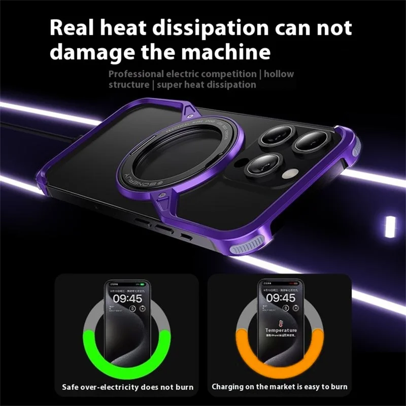 For iPhone 14 Pro Bumper Phone Case Rotary Ring Kickstand Aluminium Alloy S-Shape Magnetic Cover - Grey