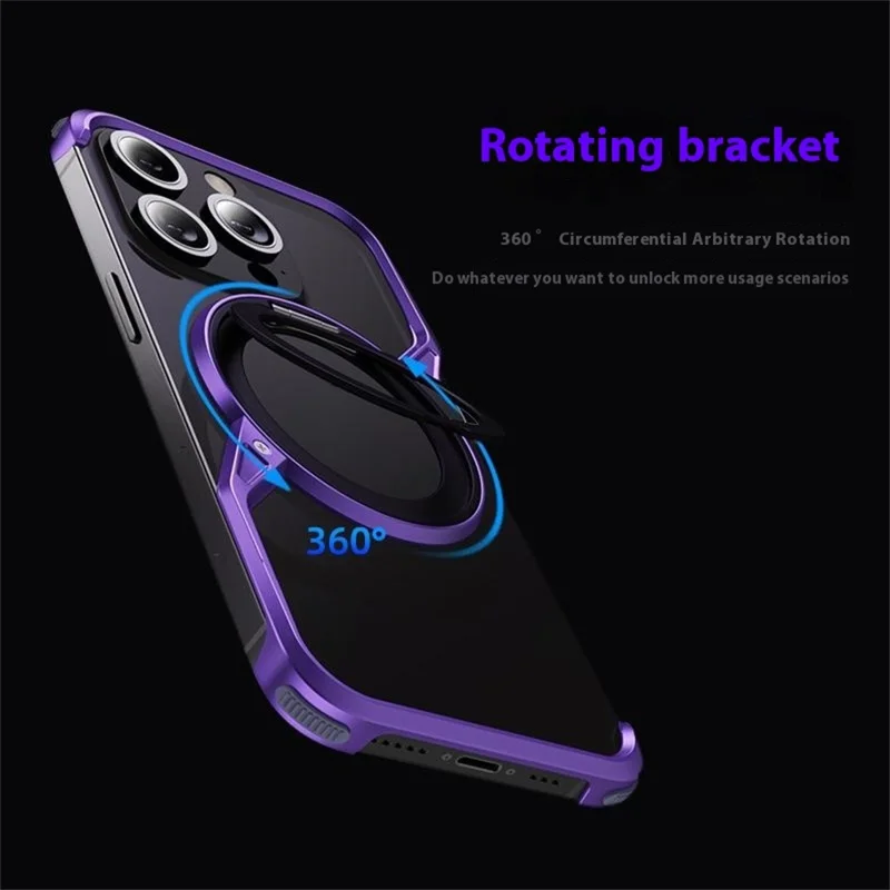 For iPhone 14 Pro Bumper Phone Case Rotary Ring Kickstand Aluminium Alloy S-Shape Magnetic Cover - Grey