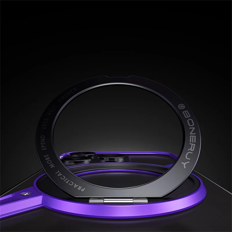 For iPhone 14 Pro Bumper Phone Case Rotary Ring Kickstand Aluminium Alloy S-Shape Magnetic Cover - Grey
