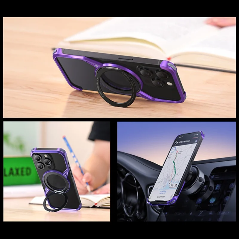 For iPhone 14 Pro Bumper Phone Case Rotary Ring Kickstand Aluminium Alloy S-Shape Magnetic Cover - Grey