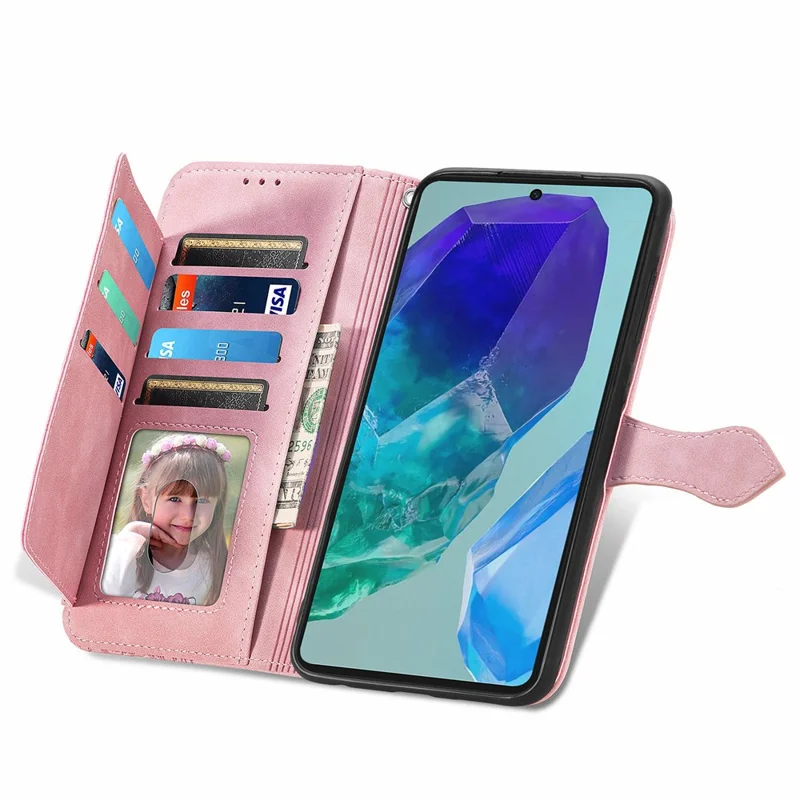 For Samsung Galaxy A16 5G / A16 4G Zipper Wallet Case with Strap Flower Imprint PU Leather Phone Cover - Pink