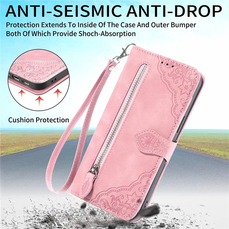 For Samsung Galaxy A16 5G / A16 4G Zipper Wallet Case with Strap Flower Imprint PU Leather Phone Cover - Pink