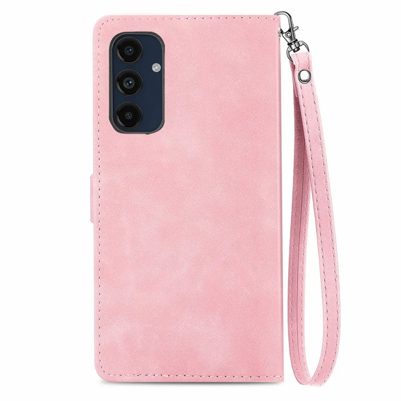 For Samsung Galaxy A16 5G / A16 4G Zipper Wallet Case with Strap Flower Imprint PU Leather Phone Cover - Pink