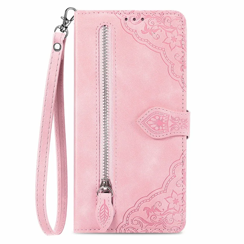 For Samsung Galaxy A16 5G / A16 4G Zipper Wallet Case with Strap Flower Imprint PU Leather Phone Cover - Pink