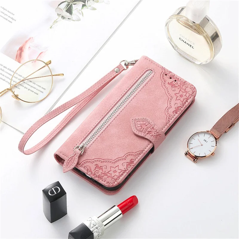 For Samsung Galaxy A16 5G / A16 4G Zipper Wallet Case with Strap Flower Imprint PU Leather Phone Cover - Pink