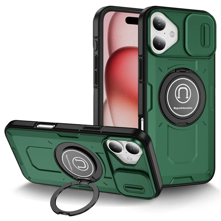 For iPhone 16 Plus Case Camshield Kickstand TPU+PC Phone Cover Support Magnetic Car Mount - Midnight Green