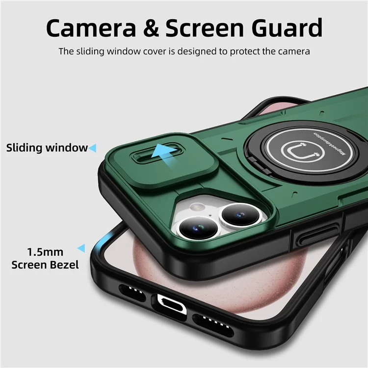 For iPhone 16 Plus Case Camshield Kickstand TPU+PC Phone Cover Support Magnetic Car Mount - Midnight Green