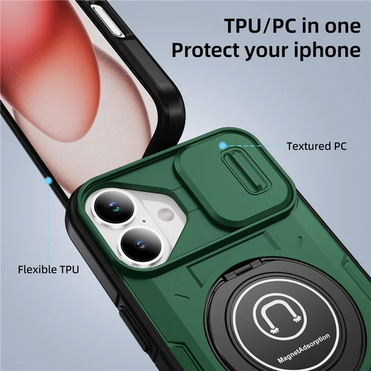 For iPhone 16 Plus Case Camshield Kickstand TPU+PC Phone Cover Support Magnetic Car Mount - Midnight Green