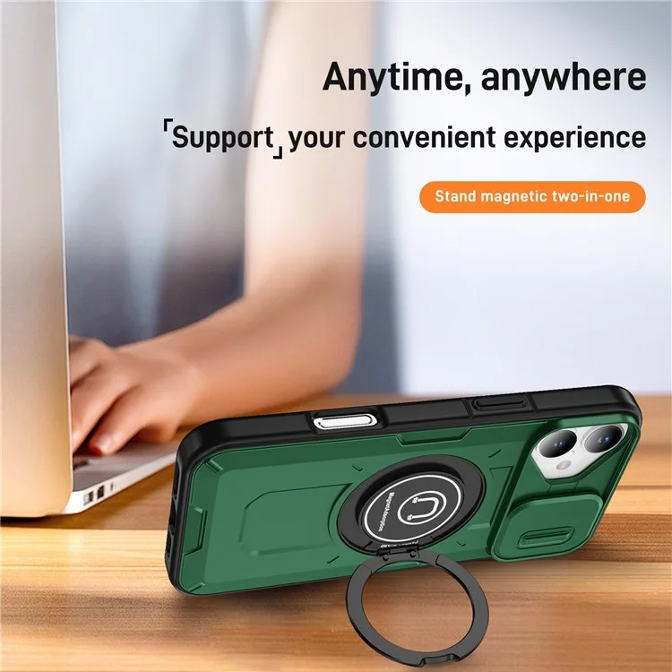 For iPhone 16 Plus Case Camshield Kickstand TPU+PC Phone Cover Support Magnetic Car Mount - Midnight Green