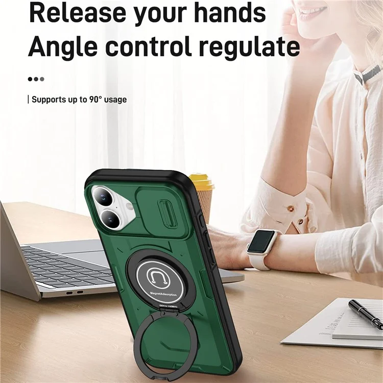For iPhone 16 Plus Case Camshield Kickstand TPU+PC Phone Cover Support Magnetic Car Mount - Midnight Green