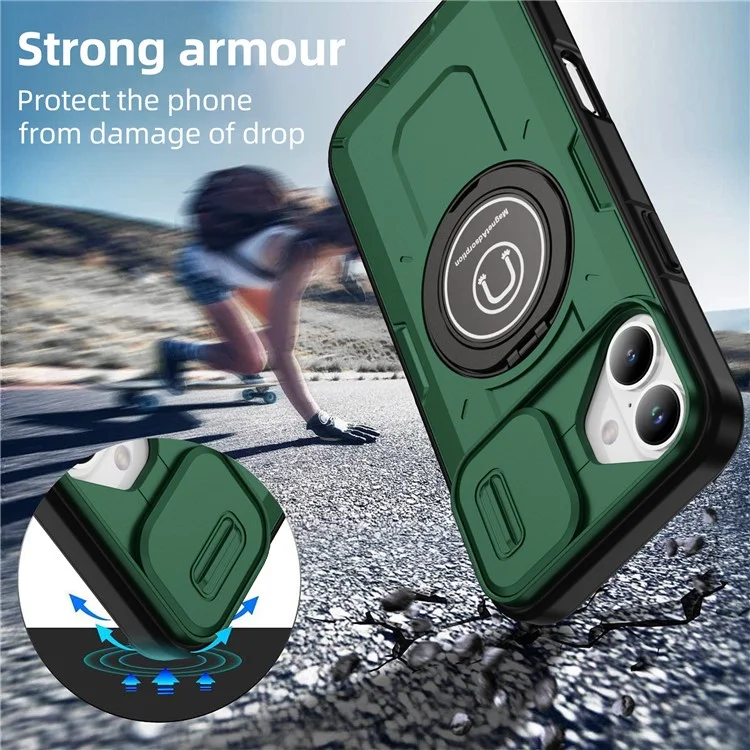For iPhone 16 Plus Case Camshield Kickstand TPU+PC Phone Cover Support Magnetic Car Mount - Midnight Green
