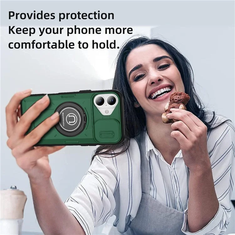 For iPhone 16 Plus Case Camshield Kickstand TPU+PC Phone Cover Support Magnetic Car Mount - Midnight Green