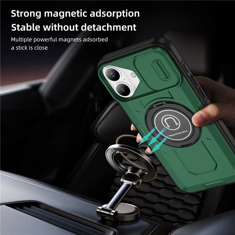 For iPhone 16 Plus Case Camshield Kickstand TPU+PC Phone Cover Support Magnetic Car Mount - Midnight Green