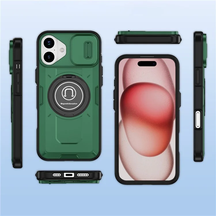 For iPhone 16 Plus Case Camshield Kickstand TPU+PC Phone Cover Support Magnetic Car Mount - Midnight Green
