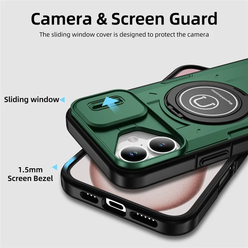 Для Iphone 16 Case Casshield Kickstand TPU+PC Phone Cover Support Magnetic Car Mount - Полуночная Зеленая
