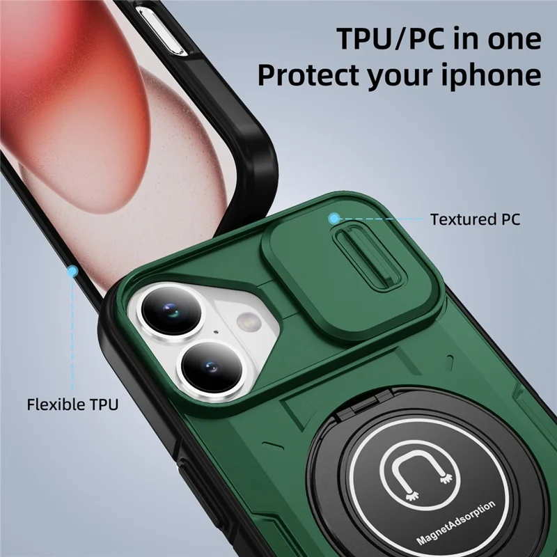 Для Iphone 16 Case Casshield Kickstand TPU+PC Phone Cover Support Magnetic Car Mount - Полуночная Зеленая