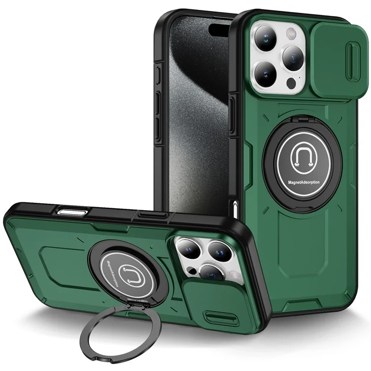 Per Iphone 16 Pro Case Camshield Kickstand TPU+PC Coperchio pc Supporto Magnetic Car Mount - Midnight Green