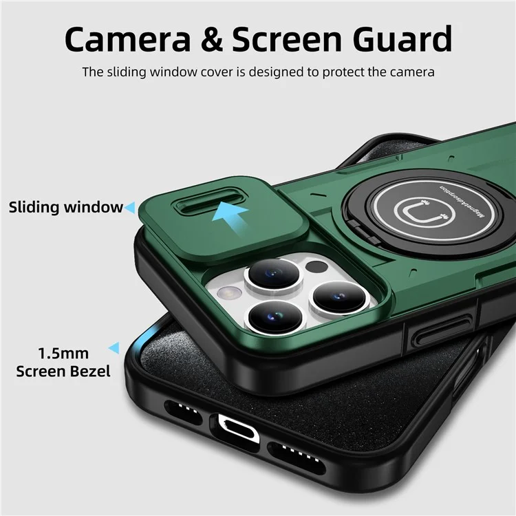Per Iphone 16 Pro Case Camshield Kickstand TPU+PC Coperchio pc Supporto Magnetic Car Mount - Midnight Green