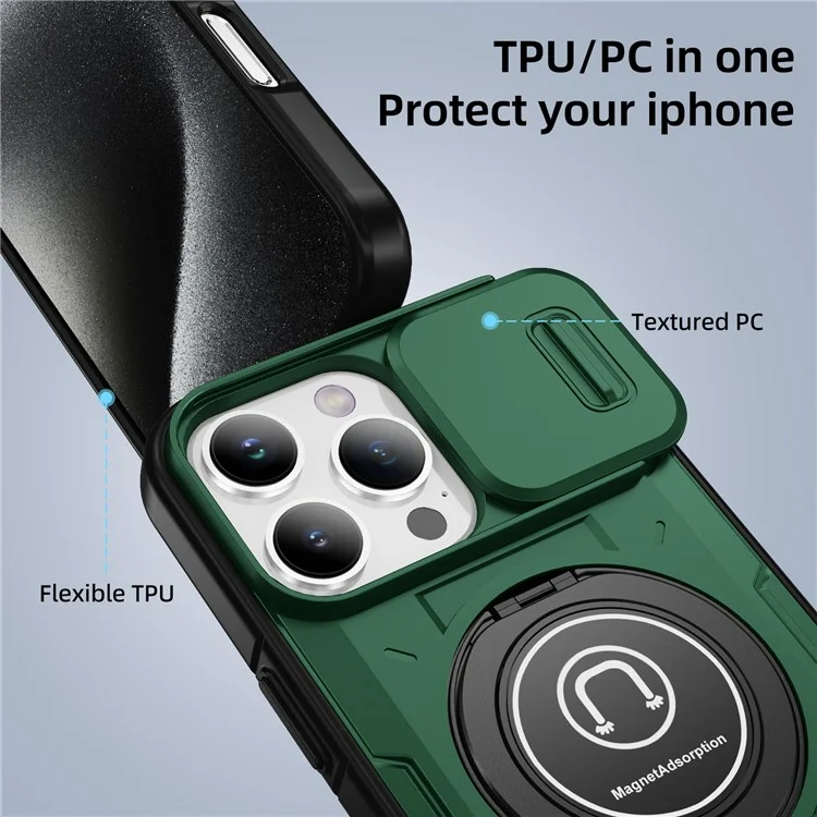 Per Iphone 16 Pro Case Camshield Kickstand TPU+PC Coperchio pc Supporto Magnetic Car Mount - Midnight Green