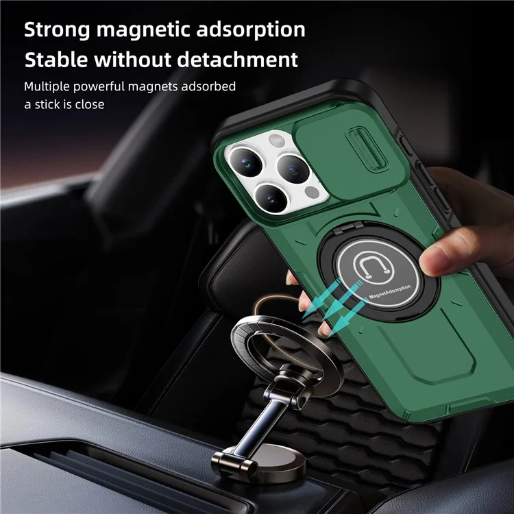 Per Iphone 16 Pro Case Camshield Kickstand TPU+PC Coperchio pc Supporto Magnetic Car Mount - Midnight Green