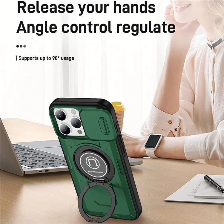 Per Iphone 16 Pro Max Case Camshield Kickstand TPU+PC Coperchio pc Supporto Magnetic Car Funte - Midnight Green