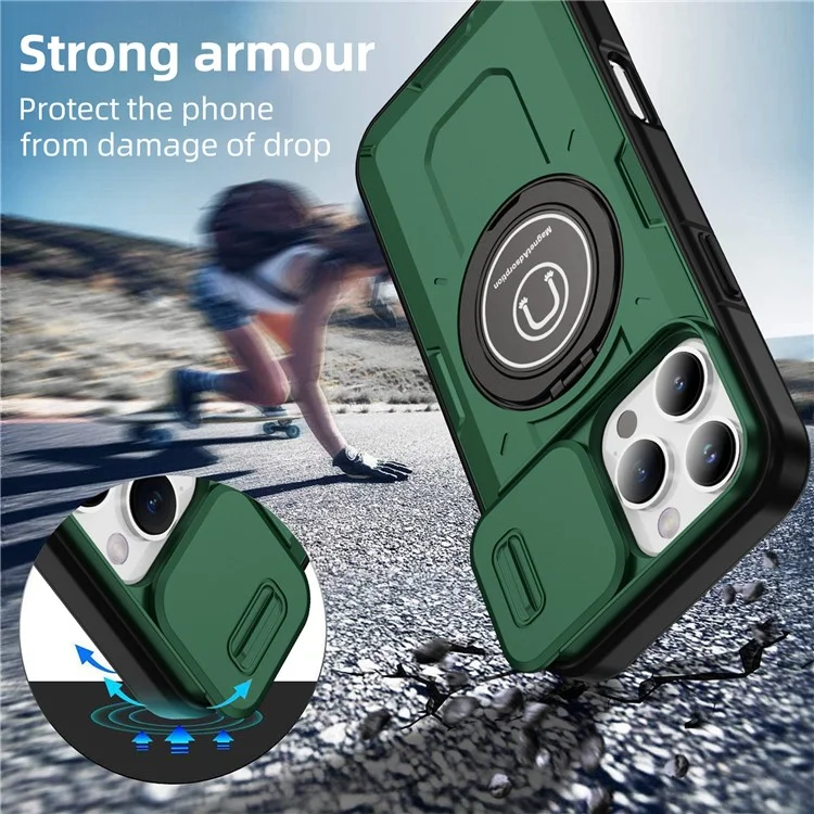 Per Iphone 16 Pro Max Case Camshield Kickstand TPU+PC Coperchio pc Supporto Magnetic Car Funte - Midnight Green