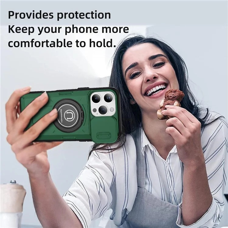 Per Iphone 16 Pro Max Case Camshield Kickstand TPU+PC Coperchio pc Supporto Magnetic Car Funte - Midnight Green
