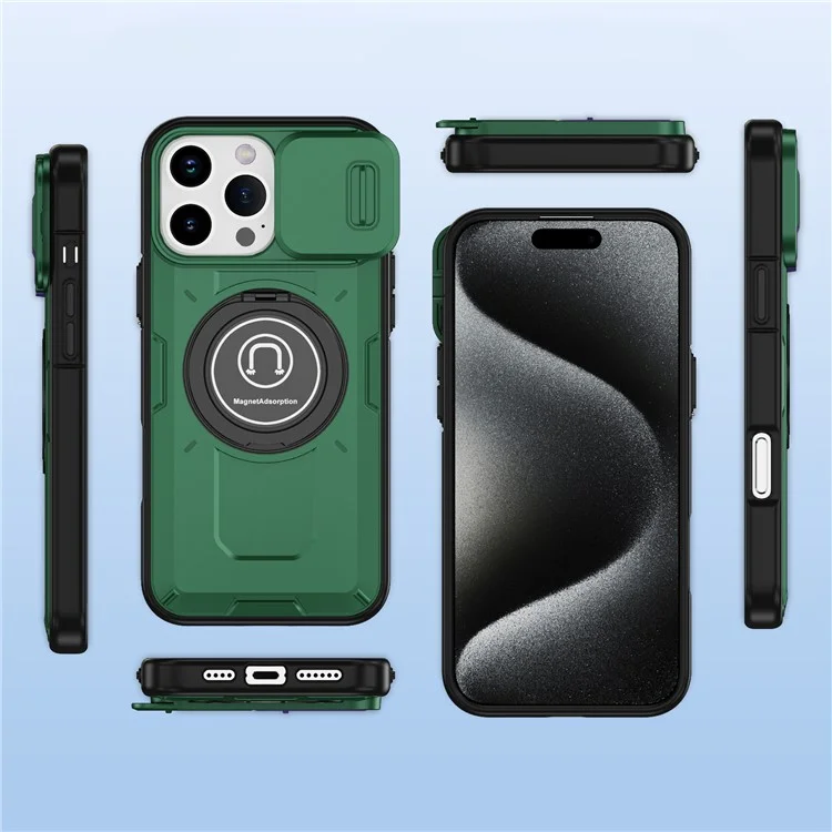Per Iphone 16 Pro Max Case Camshield Kickstand TPU+PC Coperchio pc Supporto Magnetic Car Funte - Midnight Green