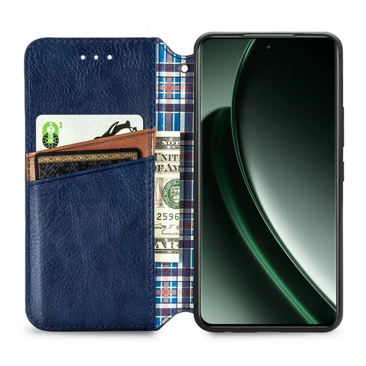 Funda para Realme GT 6 5G - Diseño de Rombos Impreso en Piel Sintética y Billetera - Azul