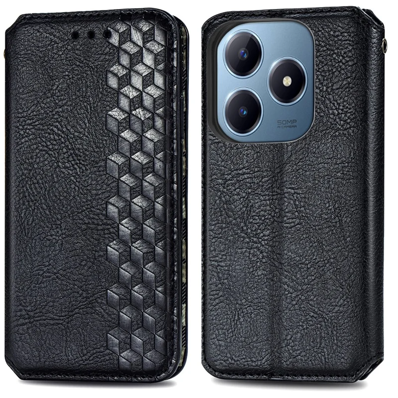 For Realme Note 60x 4G / C63 4G / C61 4G PU Leather Case Rhombus Imprint Wallet Stand Phone Cover - Black