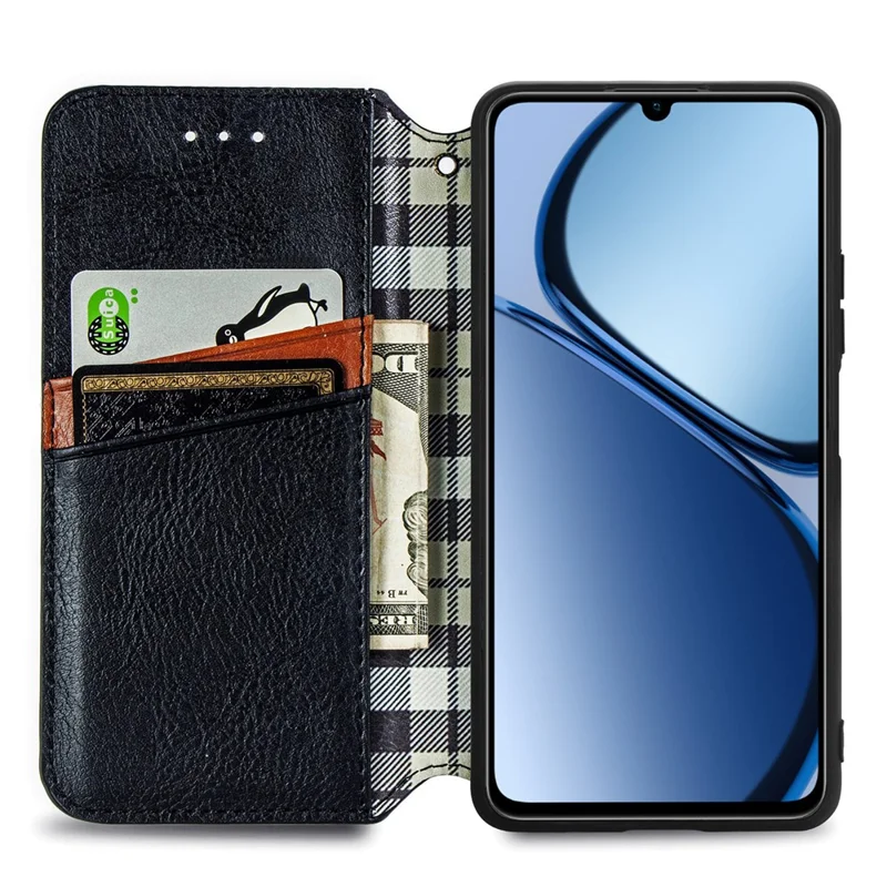 For Realme Note 60x 4G / C63 4G / C61 4G PU Leather Case Rhombus Imprint Wallet Stand Phone Cover - Black