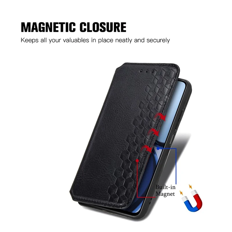 For Realme Note 60x 4G / C63 4G / C61 4G PU Leather Case Rhombus Imprint Wallet Stand Phone Cover - Black