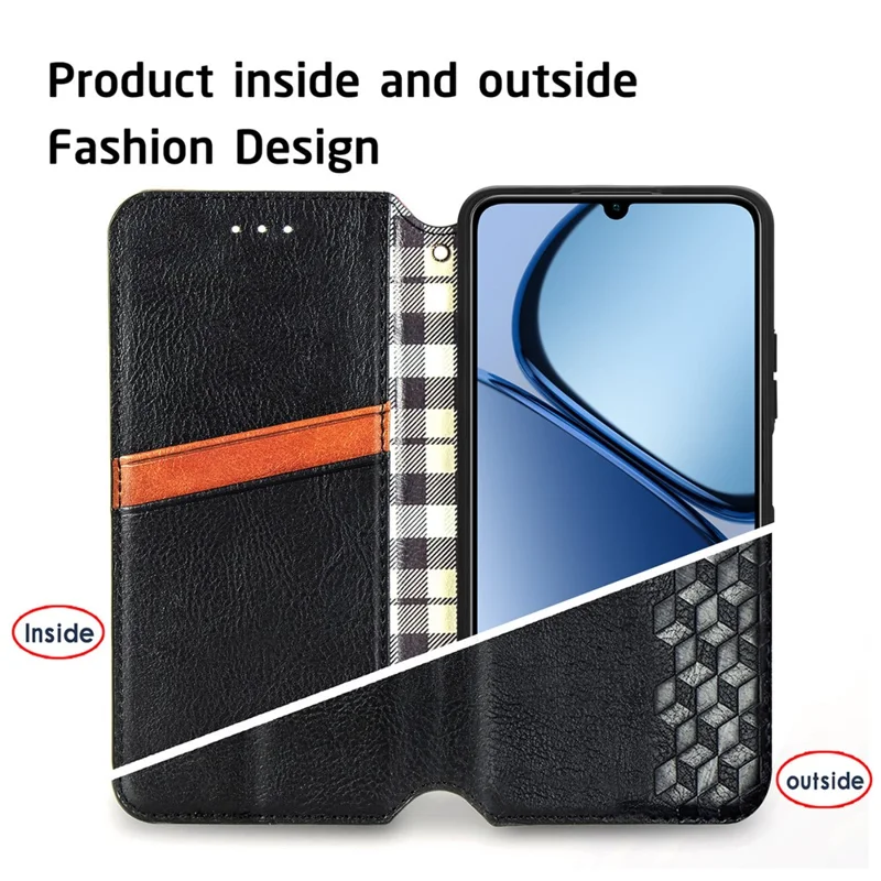 For Realme Note 60x 4G / C63 4G / C61 4G PU Leather Case Rhombus Imprint Wallet Stand Phone Cover - Black