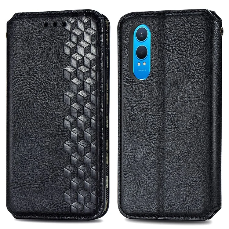 For OnePlus Nord CE4 Lite 5G PU Leather Case Rhombus Imprint Wallet Stand Phone Cover - Black
