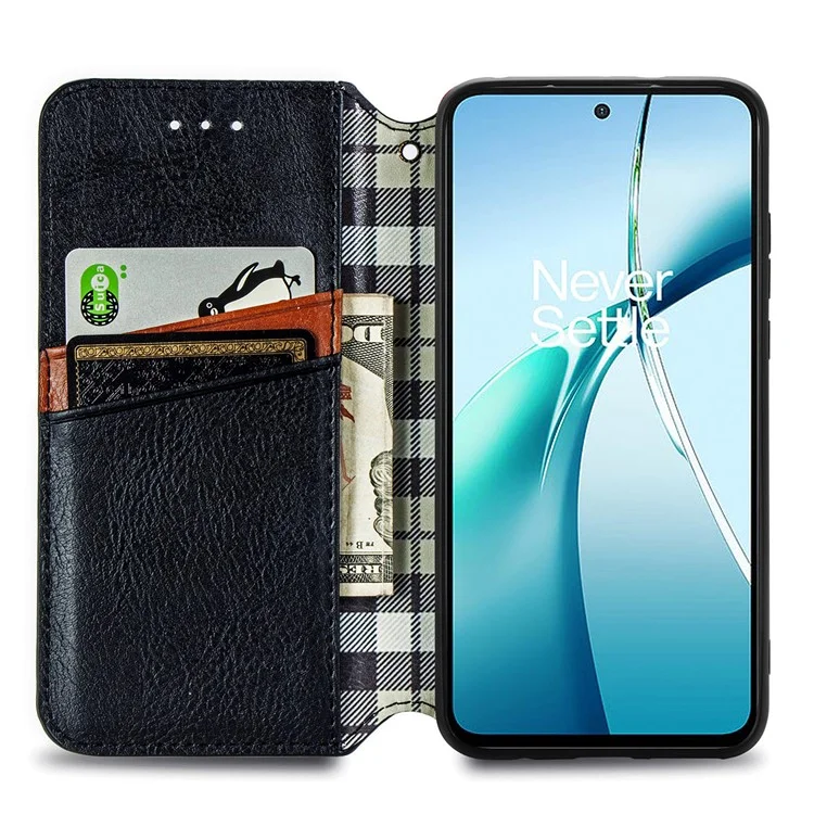 For OnePlus Nord CE4 Lite 5G PU Leather Case Rhombus Imprint Wallet Stand Phone Cover - Black
