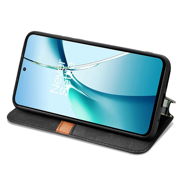 For OnePlus Nord CE4 Lite 5G PU Leather Case Rhombus Imprint Wallet Stand Phone Cover - Black