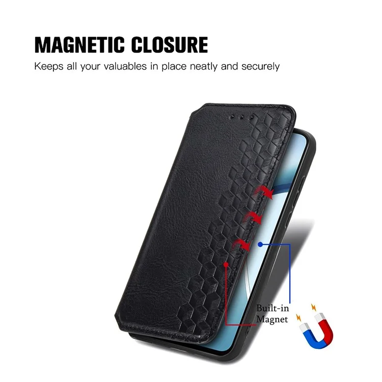 For OnePlus Nord CE4 Lite 5G PU Leather Case Rhombus Imprint Wallet Stand Phone Cover - Black
