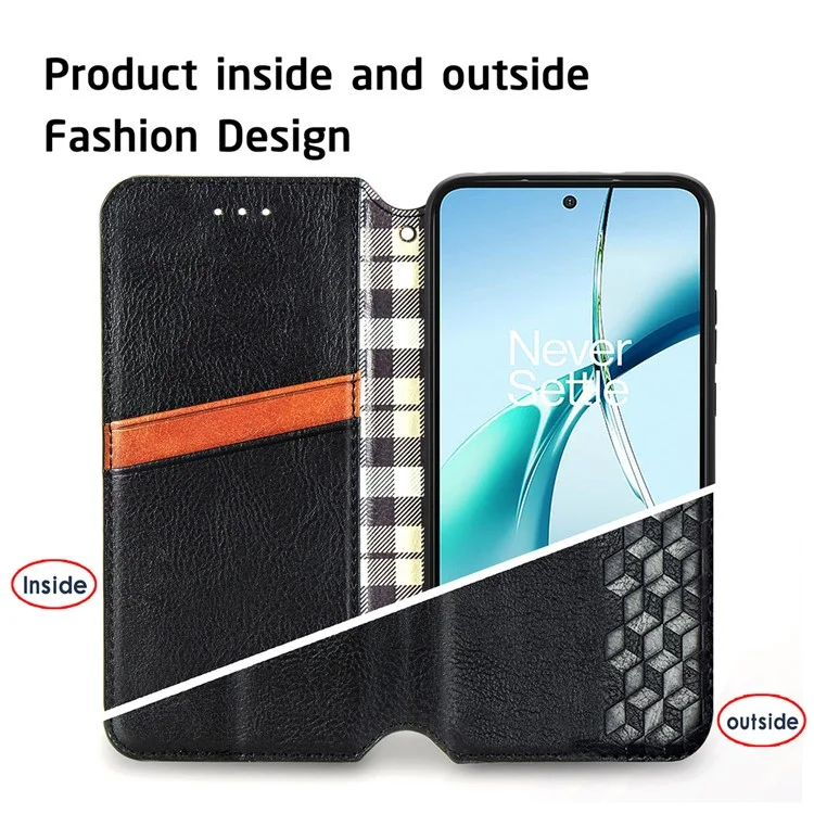 For OnePlus Nord CE4 Lite 5G PU Leather Case Rhombus Imprint Wallet Stand Phone Cover - Black