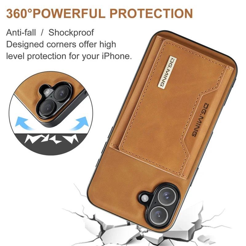 DG.MING M2 Series for iPhone 16 Case PU+PC+TPU Phone Cover Detachable Wallet - Brown