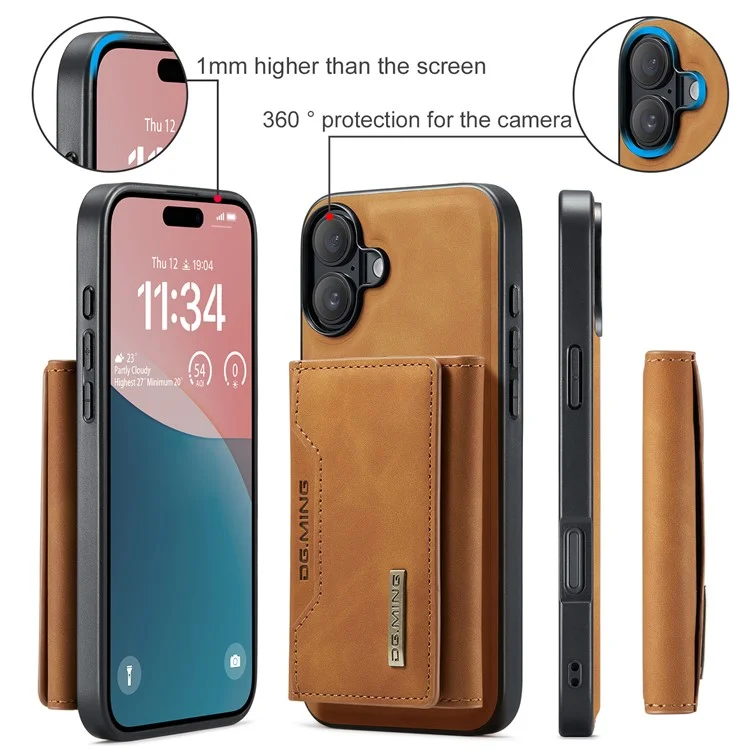 DG.MING M2 Series for iPhone 16 Case PU+PC+TPU Phone Cover Detachable Wallet - Brown