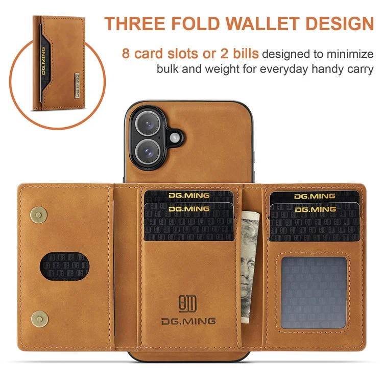 DG.MING M2 Series for iPhone 16 Case PU+PC+TPU Phone Cover Detachable Wallet - Brown