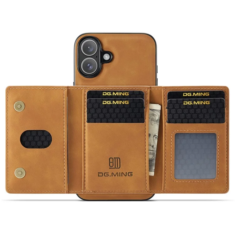 DG.MING M2 Series for iPhone 16 Case PU+PC+TPU Phone Cover Detachable Wallet - Brown