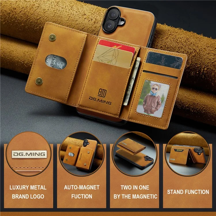 DG.MING M2 Series for iPhone 16 Case PU+PC+TPU Phone Cover Detachable Wallet - Brown