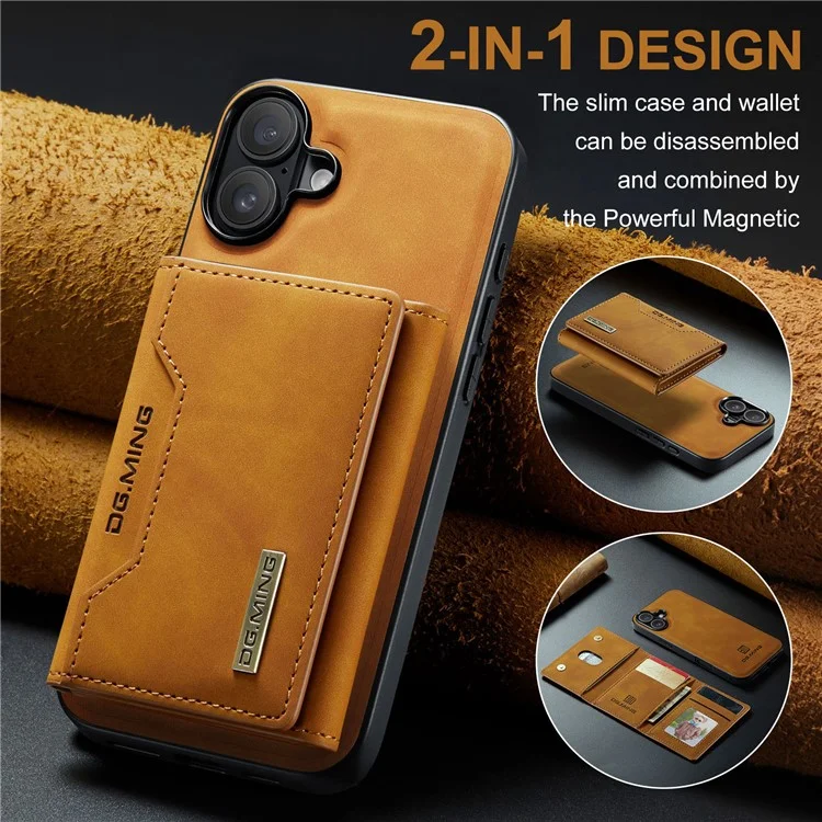 DG.MING M2 Series for iPhone 16 Case PU+PC+TPU Phone Cover Detachable Wallet - Brown