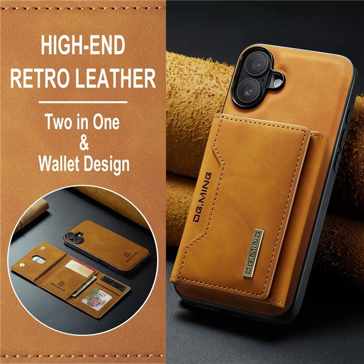 DG.MING M2 Series for iPhone 16 Case PU+PC+TPU Phone Cover Detachable Wallet - Brown