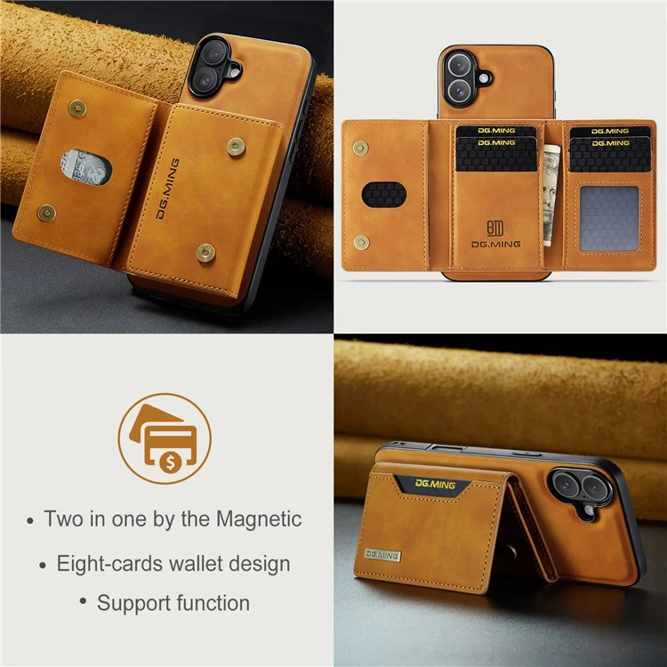 DG.MING M2 Series for iPhone 16 Case PU+PC+TPU Phone Cover Detachable Wallet - Brown