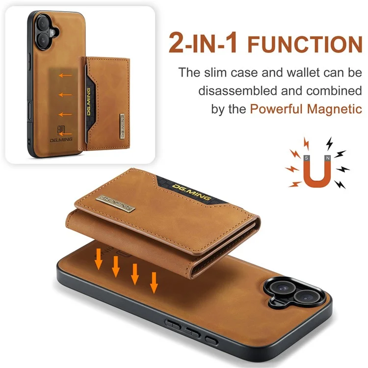DG.MING M2 Series for iPhone 16 Case PU+PC+TPU Phone Cover Detachable Wallet - Brown