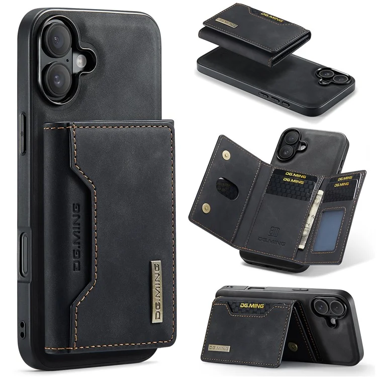 DG.MING M2 Series per iPhone 16 Plus Case PU+PC+TPU Cover Telefonica Portafoglio Removibile - Nero